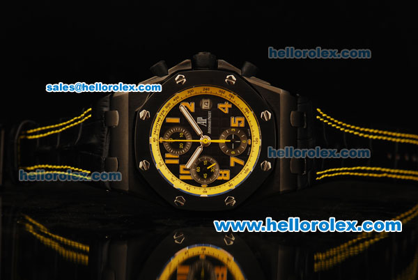 Audemars Piguet Royal Oak Offshore Chronograph Swiss Valjoux 7750 Automatic Movement PVD Case with Yellow Markers and Black Leather Strap-Run 9@sec - Click Image to Close